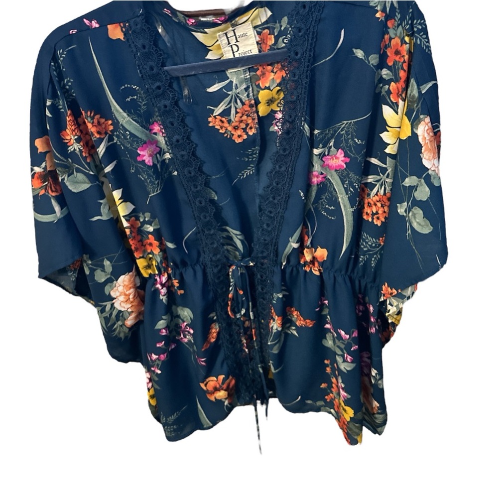 NWOT haute project LA navy blue with colorful floral print and lace ties 2x cute